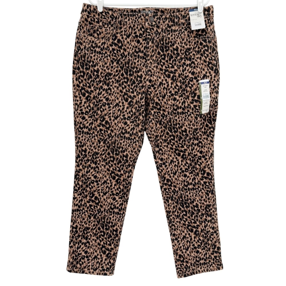Terra & Sky Women Straight Stretch Brown Black Leopard Denim Jeans Plus 14WP NWT